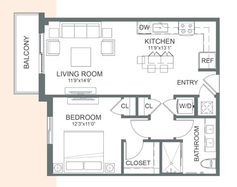 Floor plan for 1 bed, 1 bath, 708 sqft