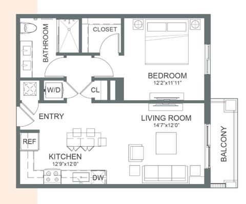 Floor plan for 1 bed, 1 bath, 712 sqft
