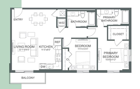 Floor plan for 2 beds, 2 baths, 1000 sqft