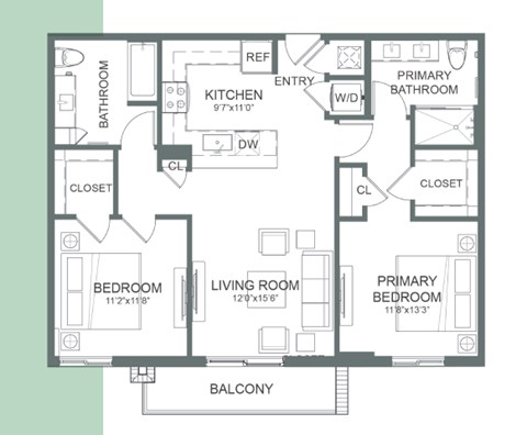 Floor plan for 2 beds, 2 baths, 1002 sqft