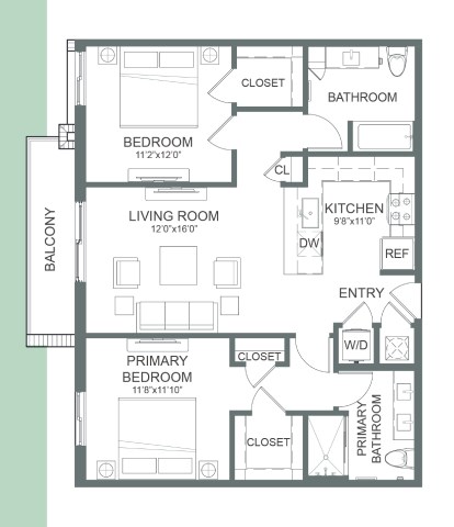 Floor plan for 2 beds, 2 baths, 1020 sqft