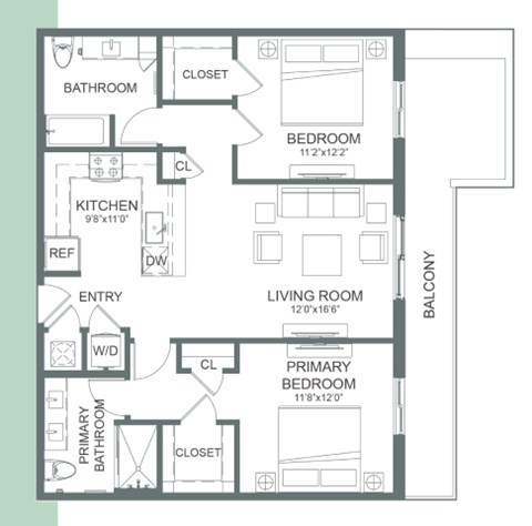 Floor plan for 2 beds, 2 baths, 1026 sqft