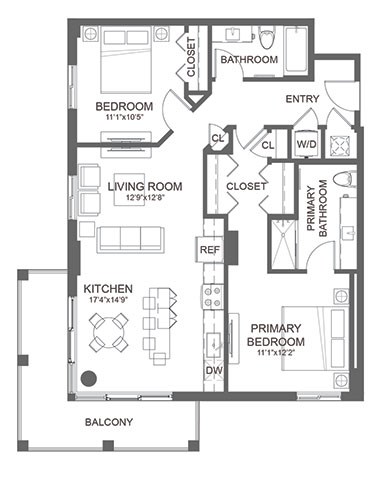 Floor plan for 2 beds, 2 baths, 1095 sqft