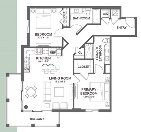 Floor plan for 2 beds, 2 baths, 1104 sqft