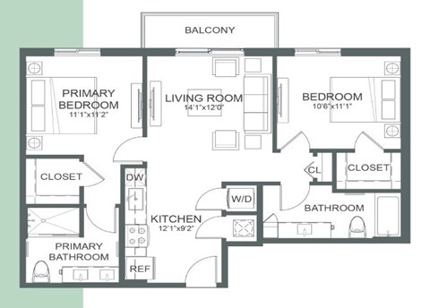 Floor plan for 2 beds, 2 baths, 921 sqft
