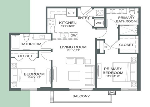Floor plan for 2 beds, 2 baths, 921 sqft