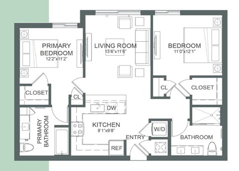 Floor plan for 2 beds, 2 baths, 938 sqft