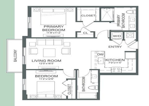 Floor plan for 2 beds, 2 baths, 940 sqft