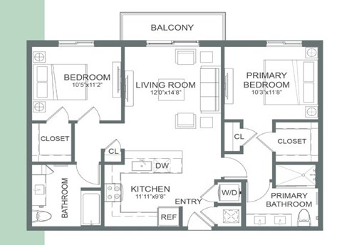 Floor plan for 2 beds, 2 baths, 966 sqft