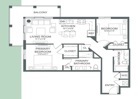Floor plan for 2 beds, 2 baths, 982 sqft