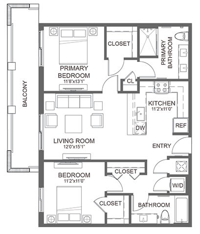 Floor plan for 2 beds, 2 baths, 984 sqft