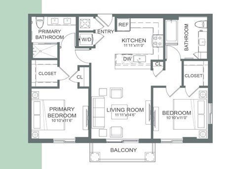 Floor plan for 2 beds, 2 baths, 989 sqft