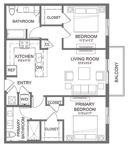 Floor plan for 2 beds, 2 baths, 990 sqft