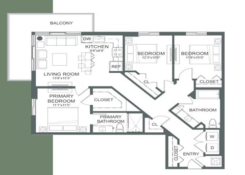 Floor plan for 3 beds, 2 baths, 1197 sqft