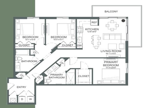 Floor plan for 3 beds, 2 baths, 1305 sqft