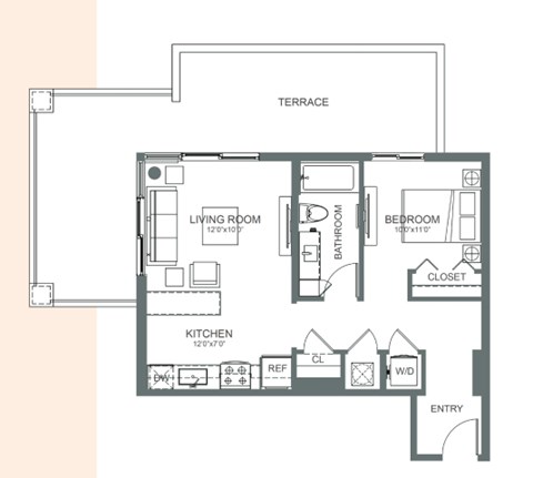 Floor plan for studio, 1 bath, 630 sqft