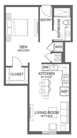 Floor plan for studio, 1 bath, 668 sqft
