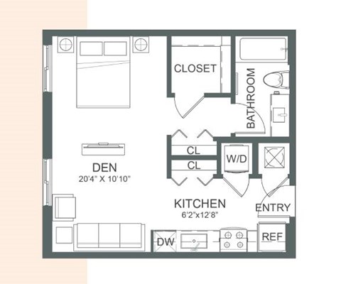 Floor plan for studio, 1 bath, 493 sqft