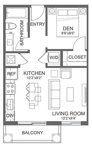 Floor plan for studio, 1 bath, 516 sqft