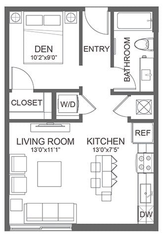 Floor plan for studio, 1 bath, 541 sqft