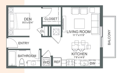 Floor plan for studio, 1 bath, 567 sqft