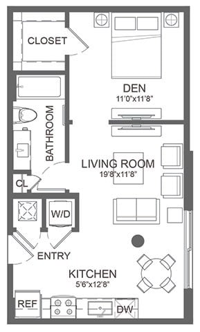 Floor plan for studio, 1 bath, 578 sqft