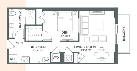 Floor plan for studio, 1 bath, 581 sqft