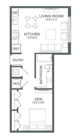 Floor plan for studio, 1 bath, 586 sqft
