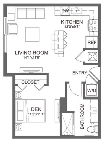 Floor plan for studio, 1 bath, 598 sqft