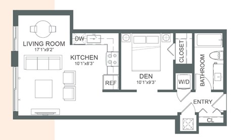 Floor plan for studio, 1 bath, 627 sqft