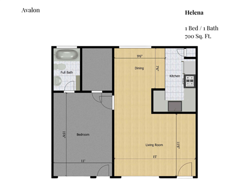 Floor plan for 1 bed, 1 bath, 700 sqft