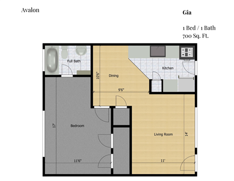 Floor plan for 1 bed, 1 bath, 700 sqft