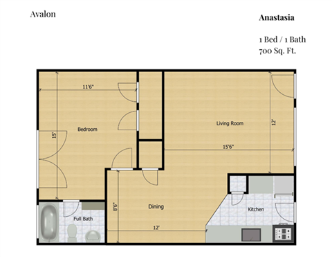 Floor plan for 1 bed, 1 bath, 700 sqft