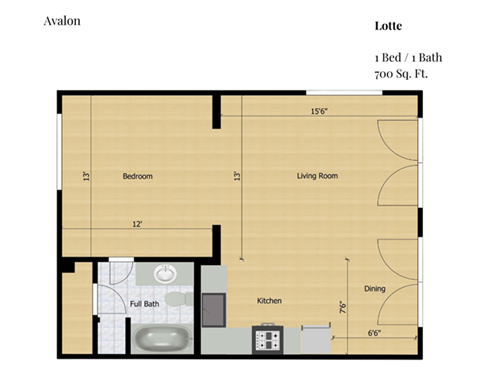 Floor plan for 1 bed, 1 bath, 700 sqft