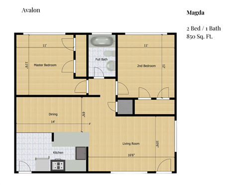 Floor plan for 2 beds, 1 bath, 700 sqft