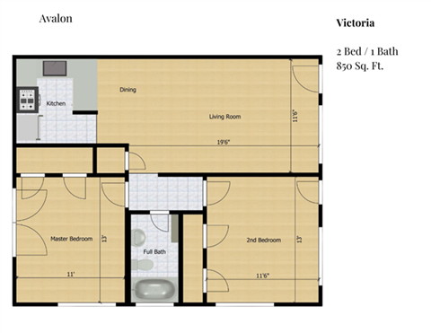 Floor plan for 2 beds, 1 bath, 850 sqft