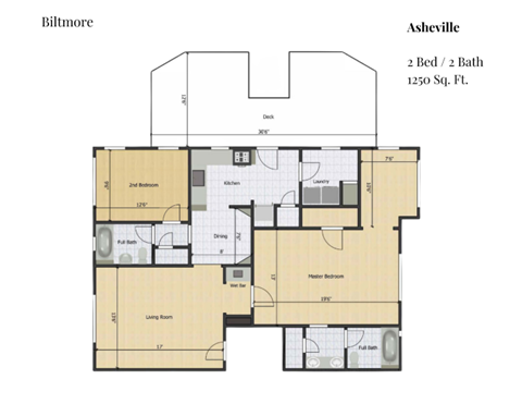 Floor plan for 2 beds, 2 baths, 1250 sqft