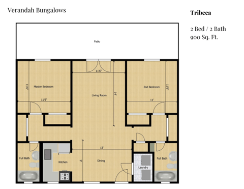 Floor plan for 2 beds, 2 baths, 900 sqft