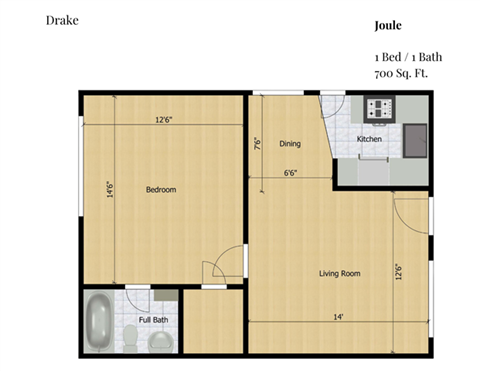 Floor plan for 1 bed, 1 bath, 700 sqft