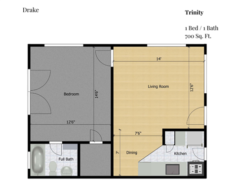 Floor plan for 1 bed, 1 bath, 700 sqft