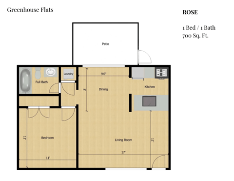 Floor plan for 1 bed, 1 bath, 700 sqft