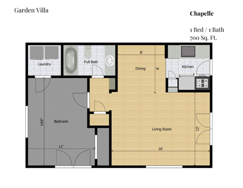 Floor plan for 1 bed, 1 bath, 700 sqft