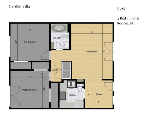 Floor plan for 2 beds, 2 baths, 800 sqft