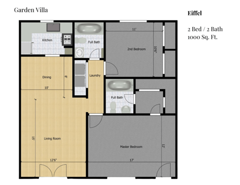 Floor plan for 2 beds, 1 bath, 1000 sqft