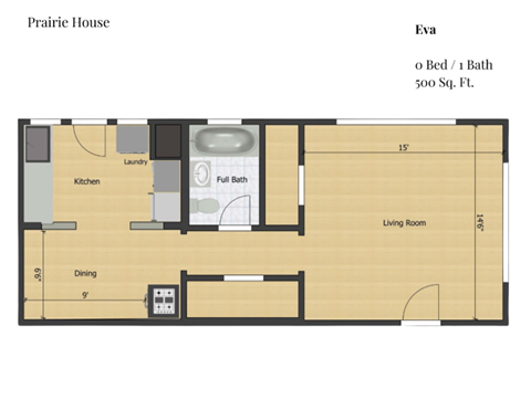 Floor plan for studio, 1 bath, 500 sqft