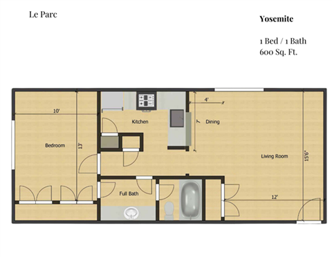Floor plan for 1 bed, 1 bath, 600 sqft
