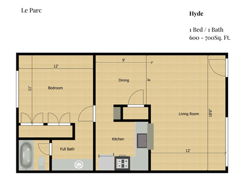 Floor plan for 1 bed, 1 bath, 600 sqft