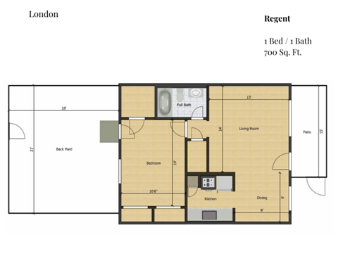 Floor plan for 1 bed, 1 bath, 700 sqft