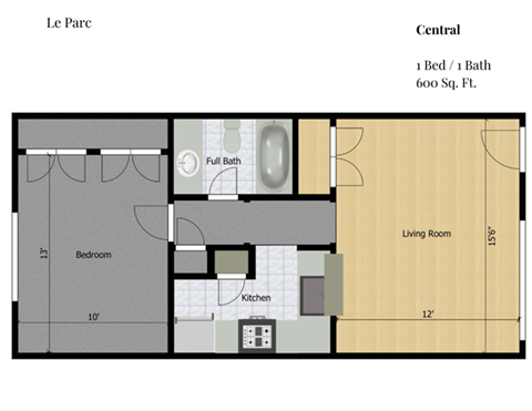 Floor plan for 1 bed, 1 bath, 600 sqft