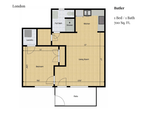 Floor plan for 1 bed, 1 bath, 700 sqft